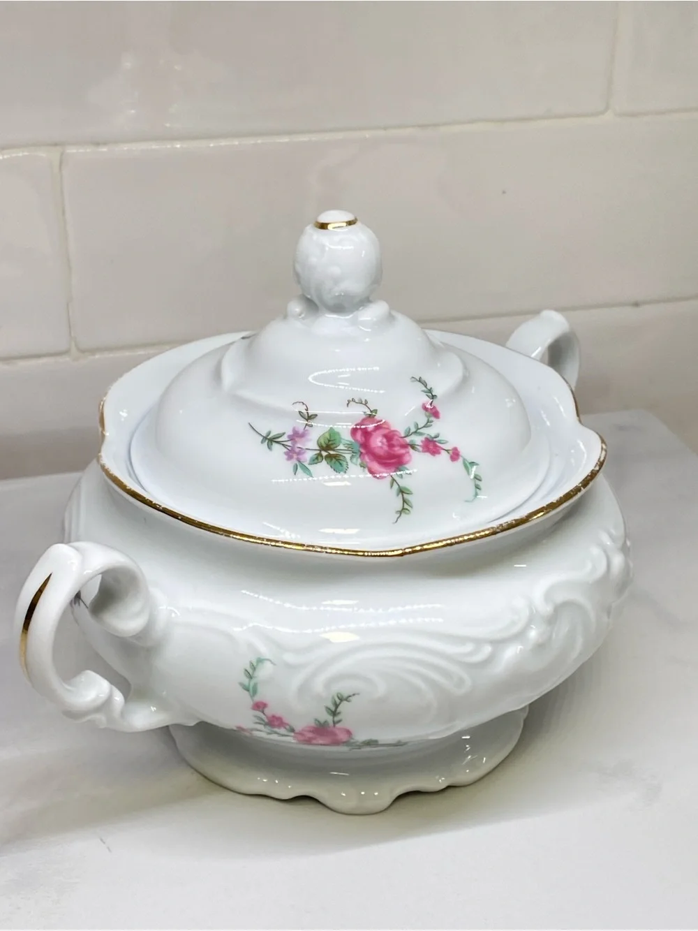 Vintage 1900 Poland Kent Covered Sugar Bowl Tea Pot Pink Rose & Gold Trim Patter